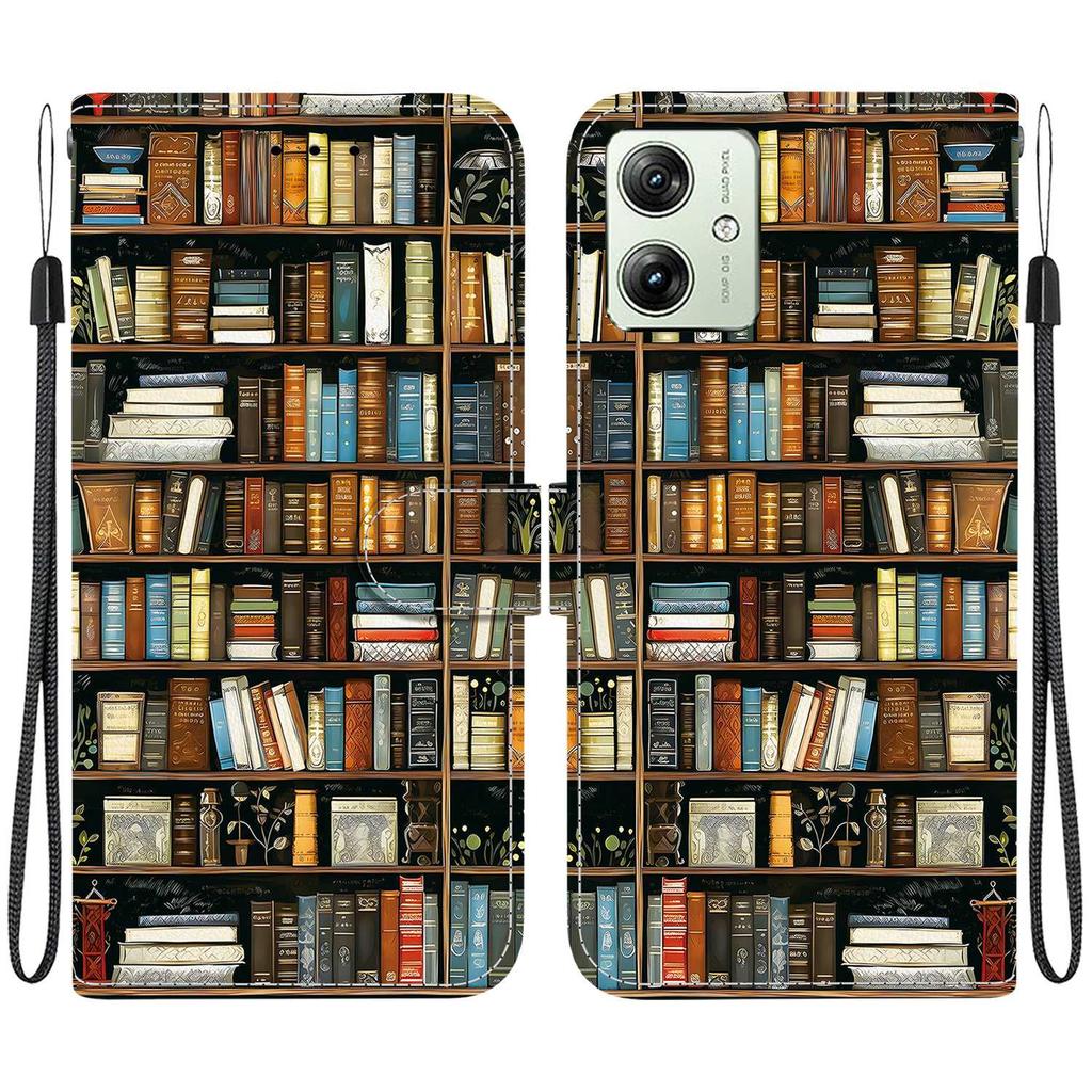 Handmade PU Leather Flip Case for Motorola Moto G54 Anti-Slip Shockproof Cover with Wrist Strap & Heart/Rose Cat Designs