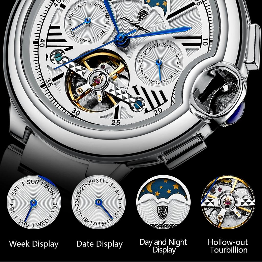 Luxury Business Male Watch Date Week Stainless Steel Tourbillon Men Clock Waterproof Automatic Mechanical Men's Watches