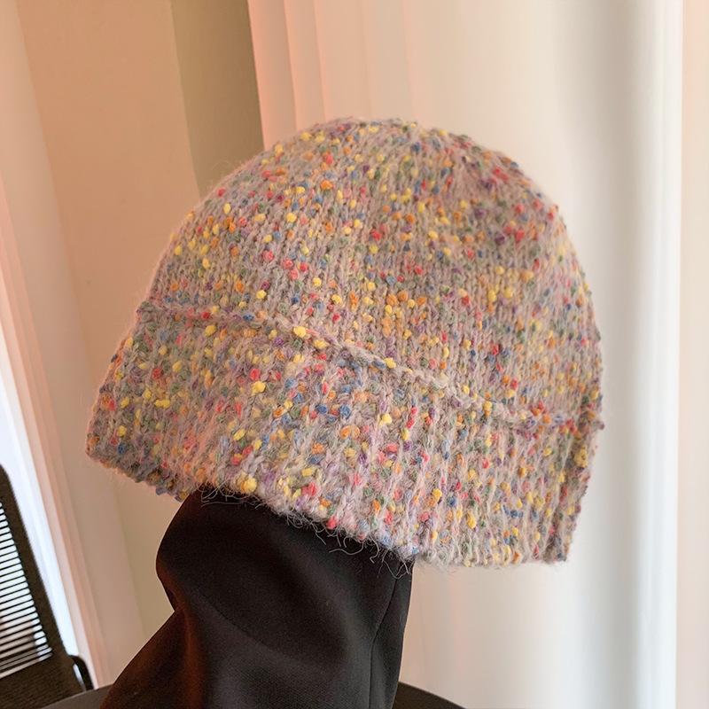 Sweet and Cute Rainbow Woolen Hat for Women Autumn and Winter Warm Ear Protection Big Head Hat Knitted Hat Fisherman Bucket Hat