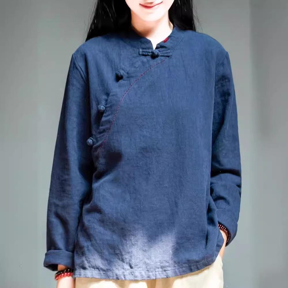 Cotton and linen stand-up collar long-sleeved women's spring and autumn new buckle pullover top long-sleeved T-shirt