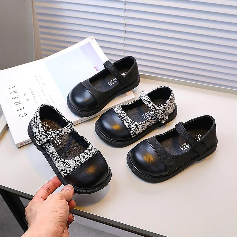 2024 New Kids Leather Shoe Shallow Elegant Girl Princess Shoes Non-slip Causal Children's Flats Spring Autumn Fashion Patchwork