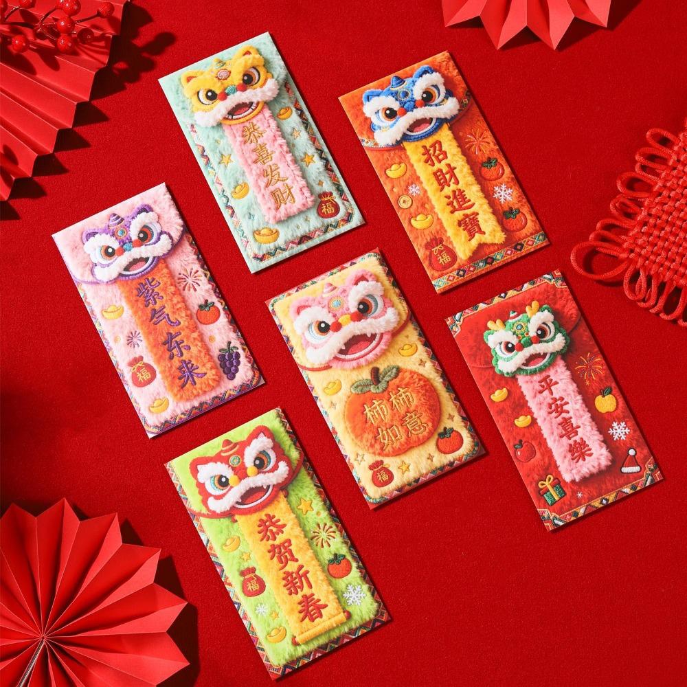 6PCS Traditional Spring Festival Red Envelope Flat Design Year of The Horse God of Wealth Red Pocket Cartoon Thickened