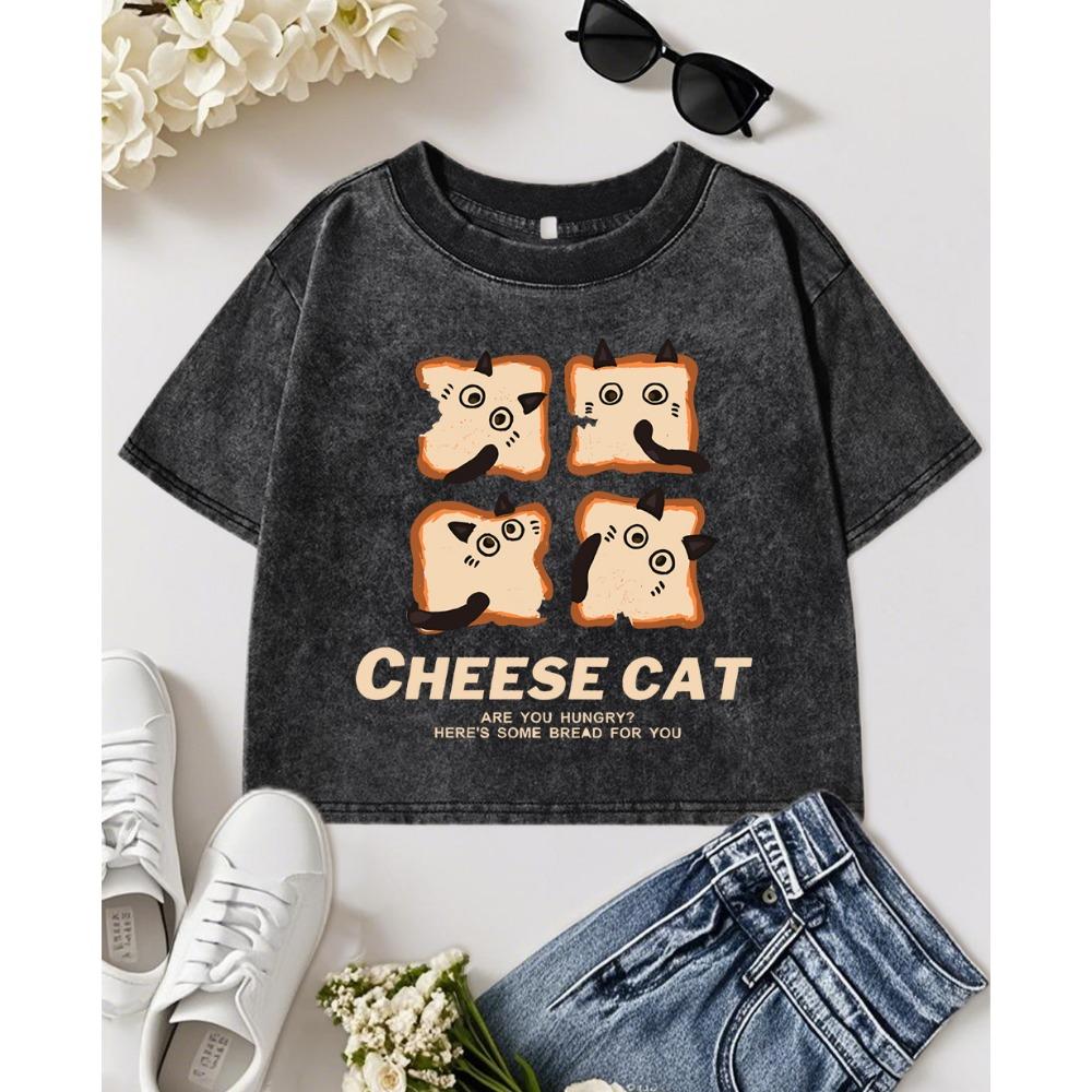 

Cute Cheese Bread Cat Prints Washed Crop T Shirt Women Soft T-Shirts Cotton Casual Tee Clothes Slim Short Sleeve M