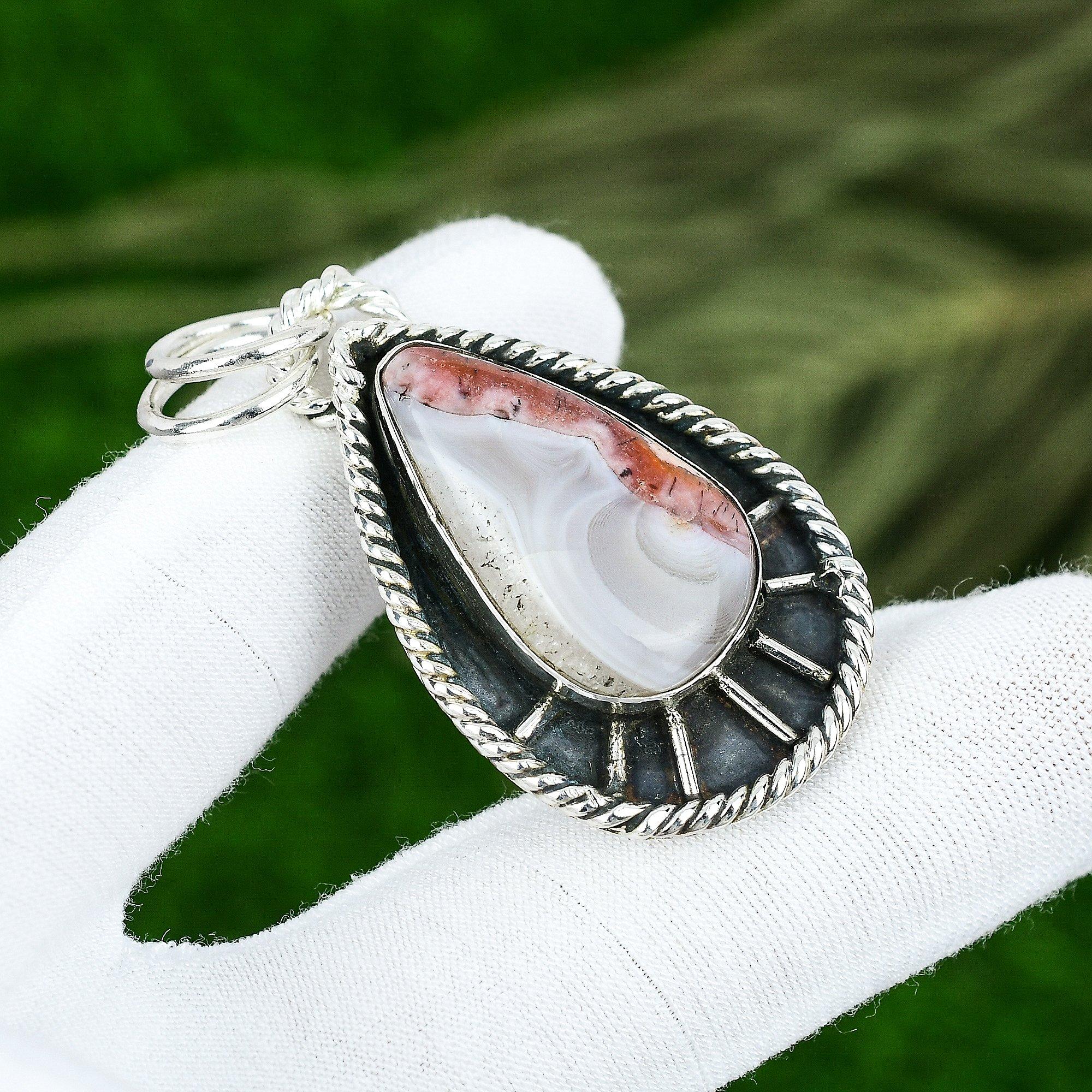 

Natural Crazy Lace Agate Gemstone Pendant 925 Sterling Silver Indian Jewelry