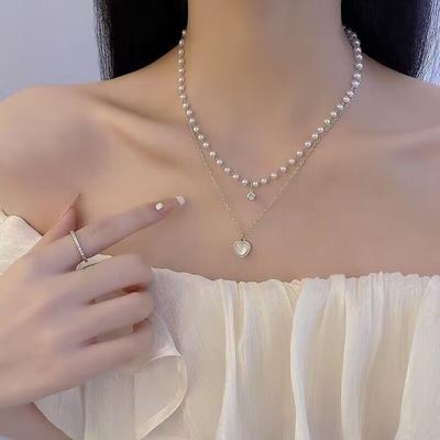 Double Layer Pearl Heart Necklace Women Fashion Elegant Clavicle Chain