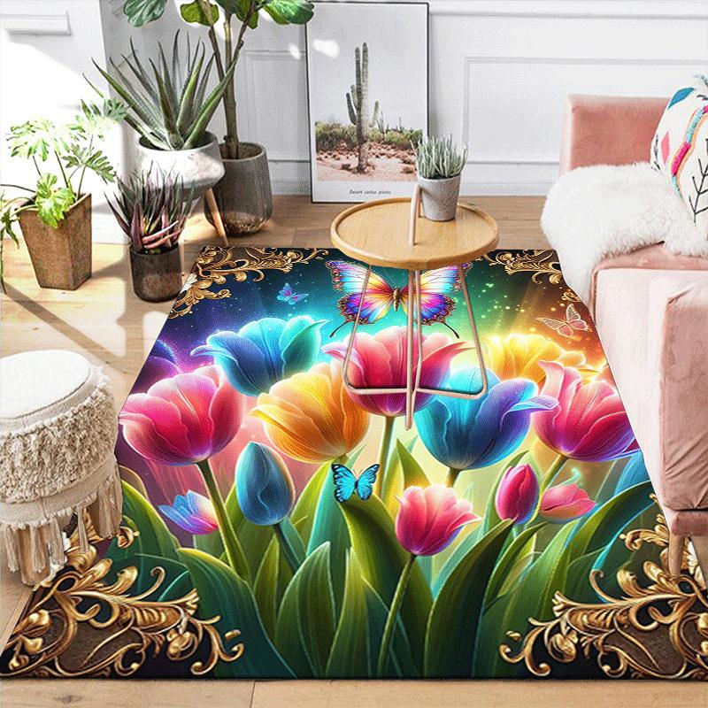1pc Flowers and butterflies Print, Design Indoor Area Rug, Soft, Anti-Slip, and Durable Gaming Room Decor for Bedroom, Living Room, and Exer