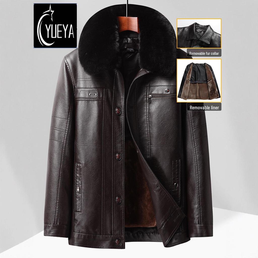 Men's Plus Velvet Thickened Leather-Fur Jacket - Dad Style, Loose Fit, Winter Coat