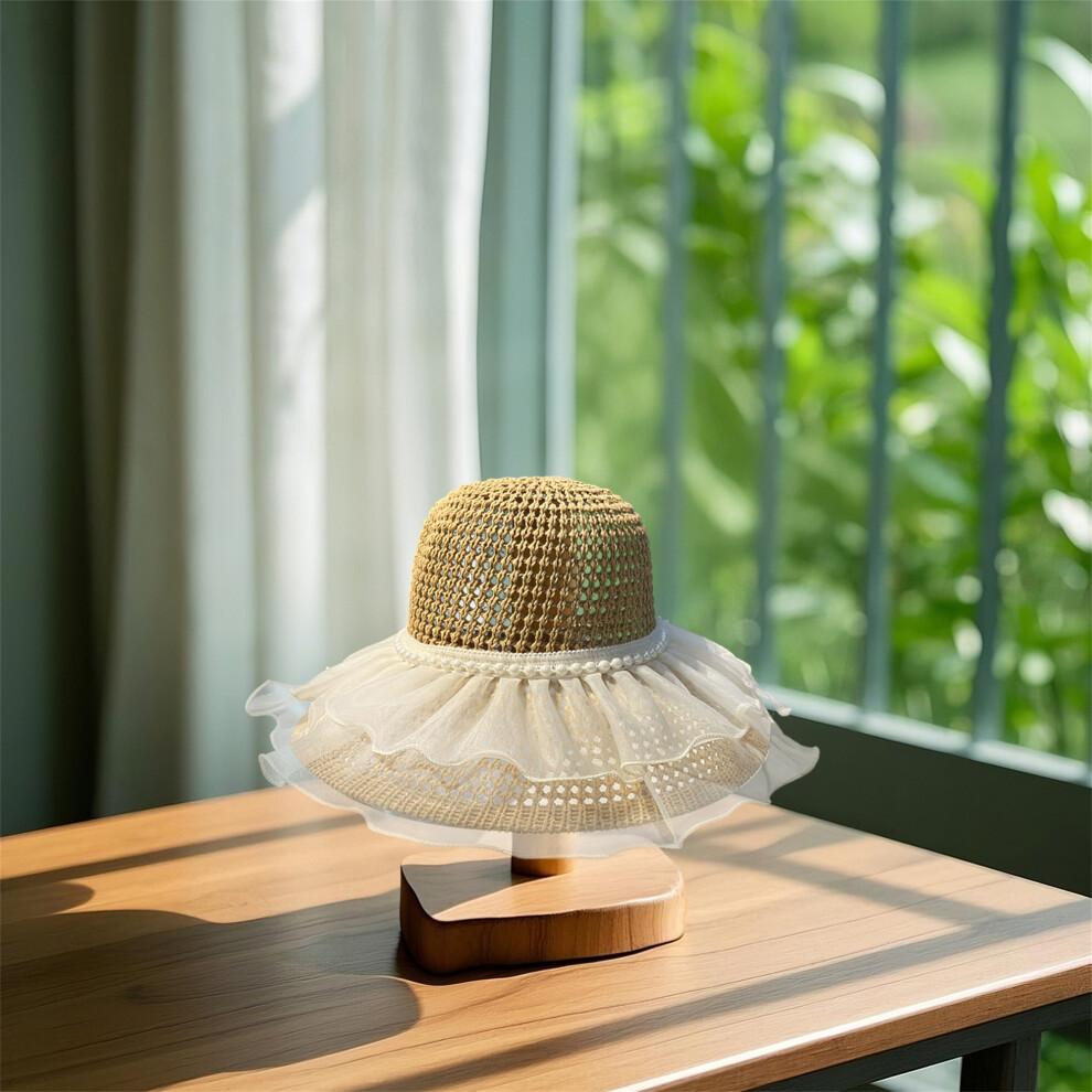 (One Size, Khaki) Women's Woven Sun Hats Outdoor Fashionable Mesh Pearl Wide Brim Sun Protection Beach Hat