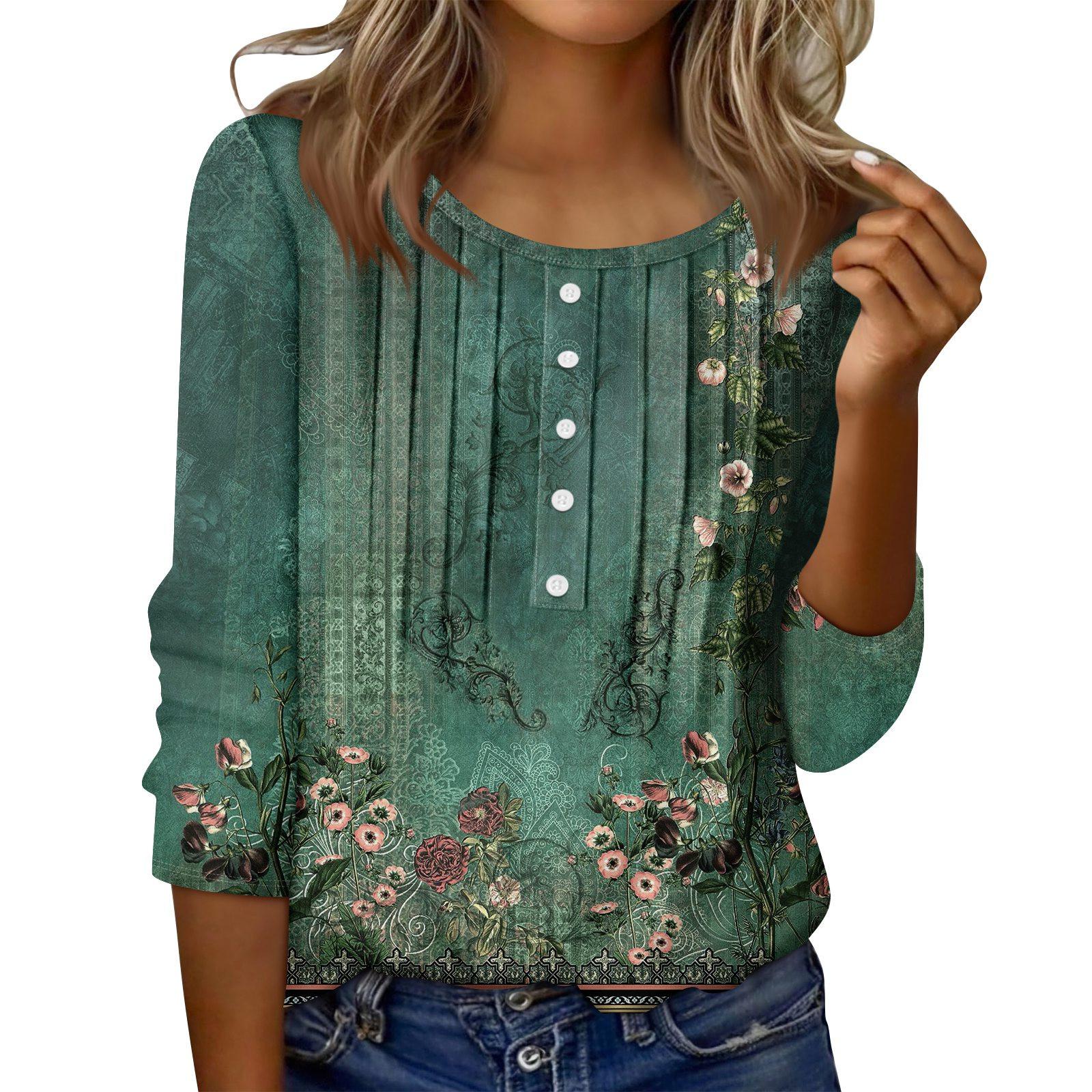 

Женский топ с круглым вырезом, декоративными пуговицами и полосками, повседневная футболка однотонного цвета с рукавом 3/4 M