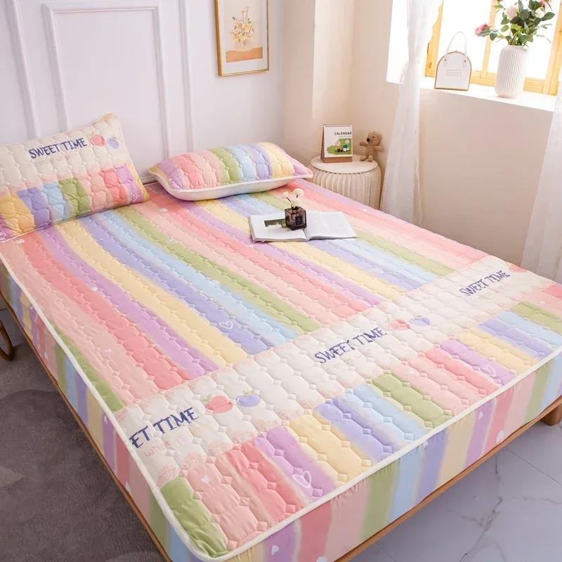 Thick Quilted Mattress Cover, Stitched Bed Linen, Printed Bedding, Large Non-Slip Bed Sheet, Dust Cover Without Pillowcase