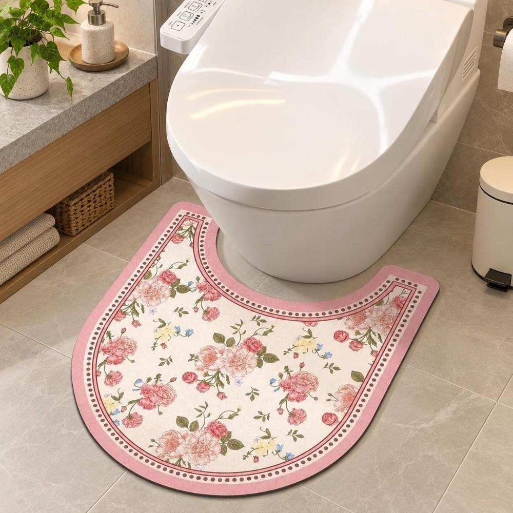 Quick Dry U-Shaped Toilet Mat Absorbent Toilet Pad Retro Floral Bathroom Rug Restroom