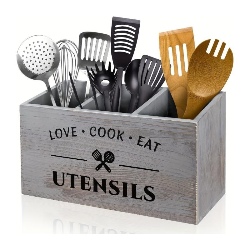 Porta Utensili in Legno Rustico Con Scomparti Profondi Per Organizzare Oltre 40 Strumenti e Accessori da Cucina