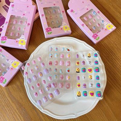 24Pcsbox Children Cartoon Nail Tips Colorful Cute Girl Fake Nail Set With Jelly Glue Adhesive Children False Nail