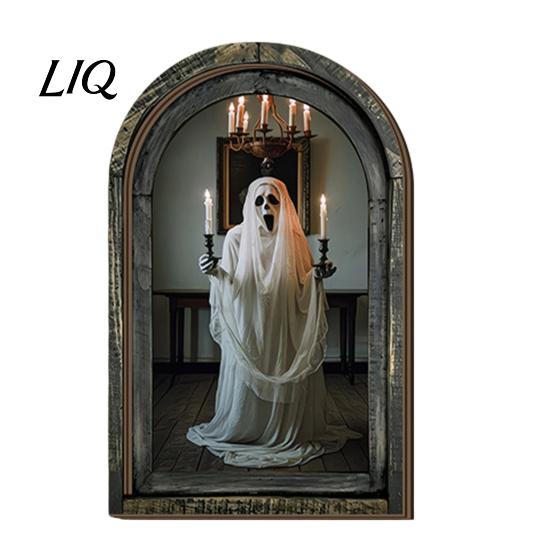 Hanging Halloween Decorations Arched Wooden Wall Decor, Ghost Cat Ornament, Distressed Gothic Decor Tabletop Plaque, Spooky Home Ornament for Entryway