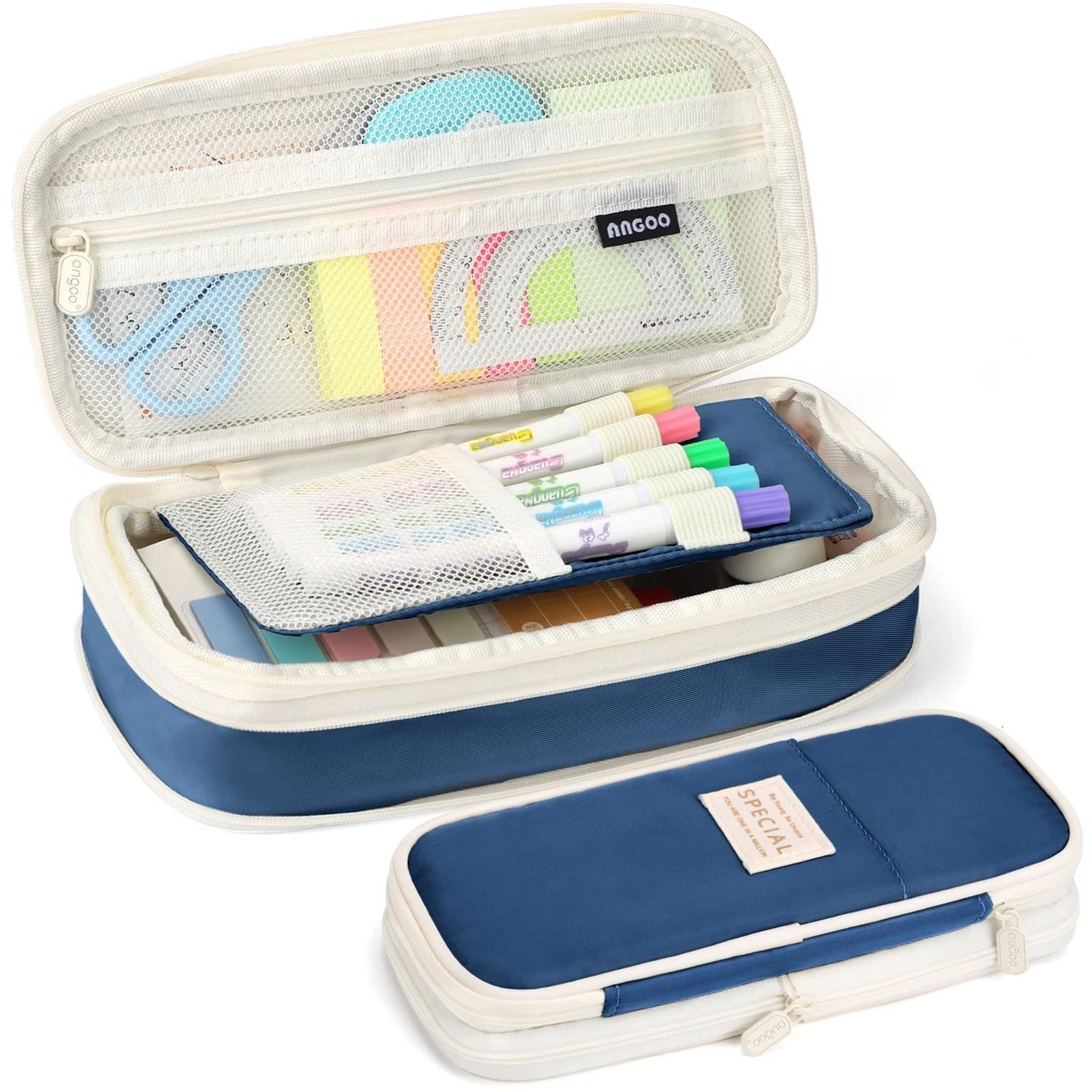 

Пенал большой емкости пенал сумка для хранения для студента девушки взрослого колледжа школьный органайзер One Size тёмно-синий