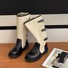 Color Matching Belt Buckle Knight Boots Women's New Medium Boots Design Sense Niche Thick Heel Linen Martin Boots