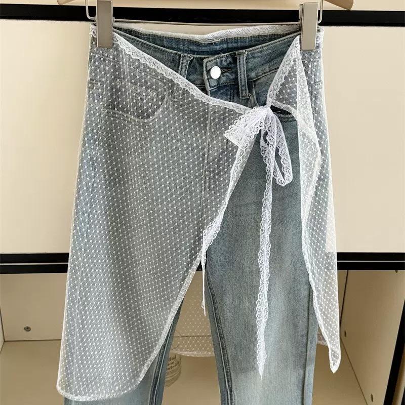 Korean Lace Embroidered Waistband Tulle Skirt with Layered Scarf Accessory