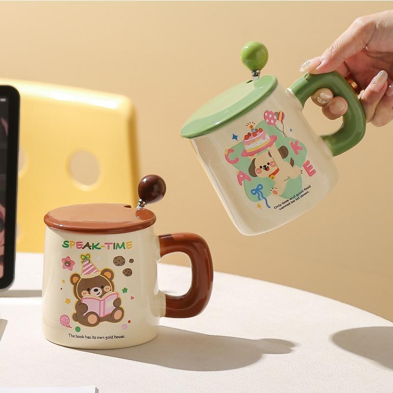 Cute Animal Mugs Home Cartoon Couple Breakfast Coffee Cups with LIDS Ceramic Cups High Appearance Level Girls Drinking Water
