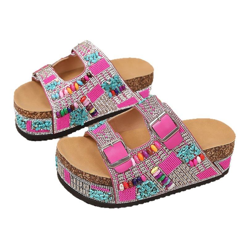 Cork Sandals 2025 Summer New Plus-size Rhinestone Belt Buckle for Women Wearing Platform Slippers