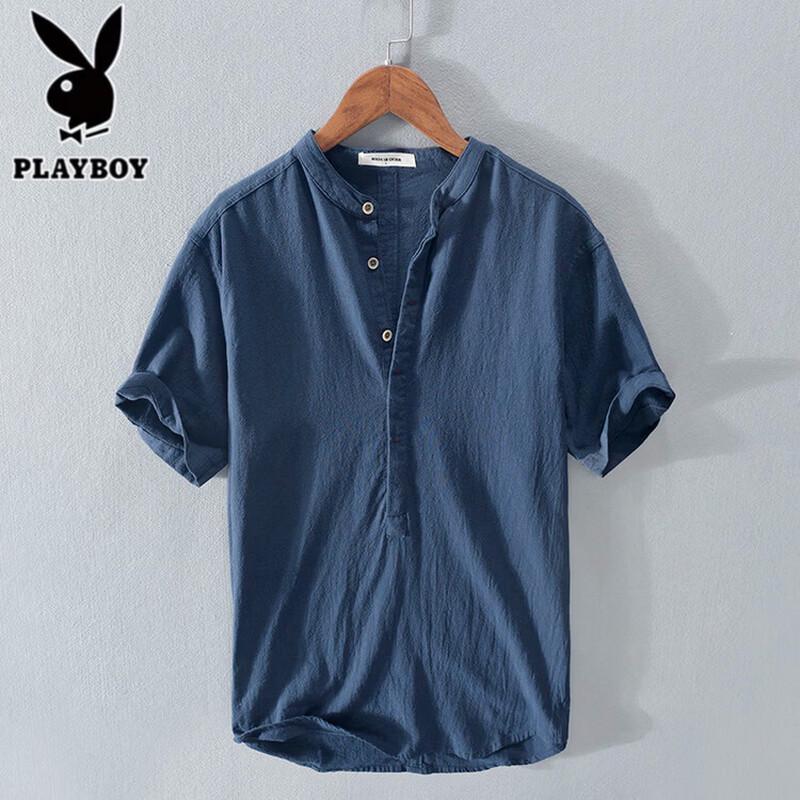 PLAYBOY Men s Linen Blend Short Sleeve Stand-Up Collar Shirt XXL