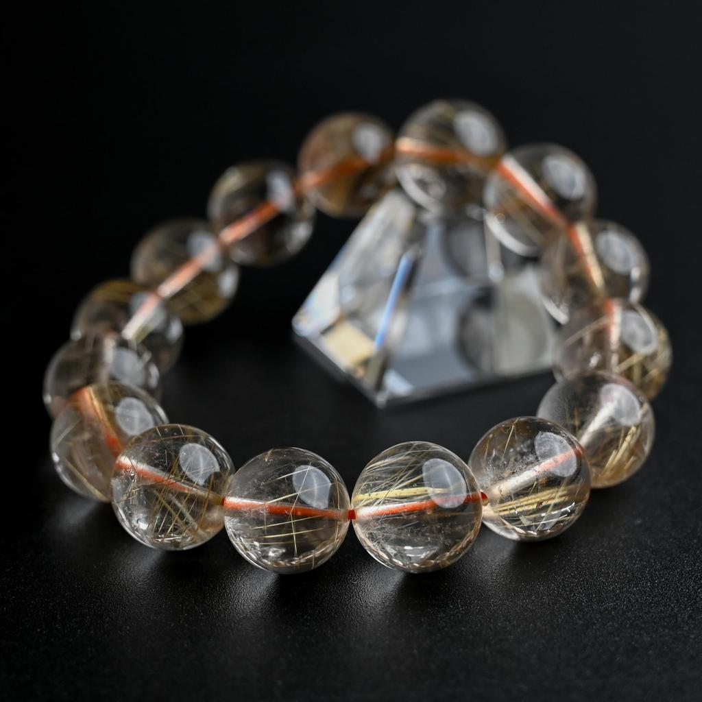 Eigado Rutilated Quartz 15mm 18cm Wrist Limited Natural Power Prayer Good Luck Feng Shui Bracelet, Stone, Circumference, One-of-a-Kind, Edition,
