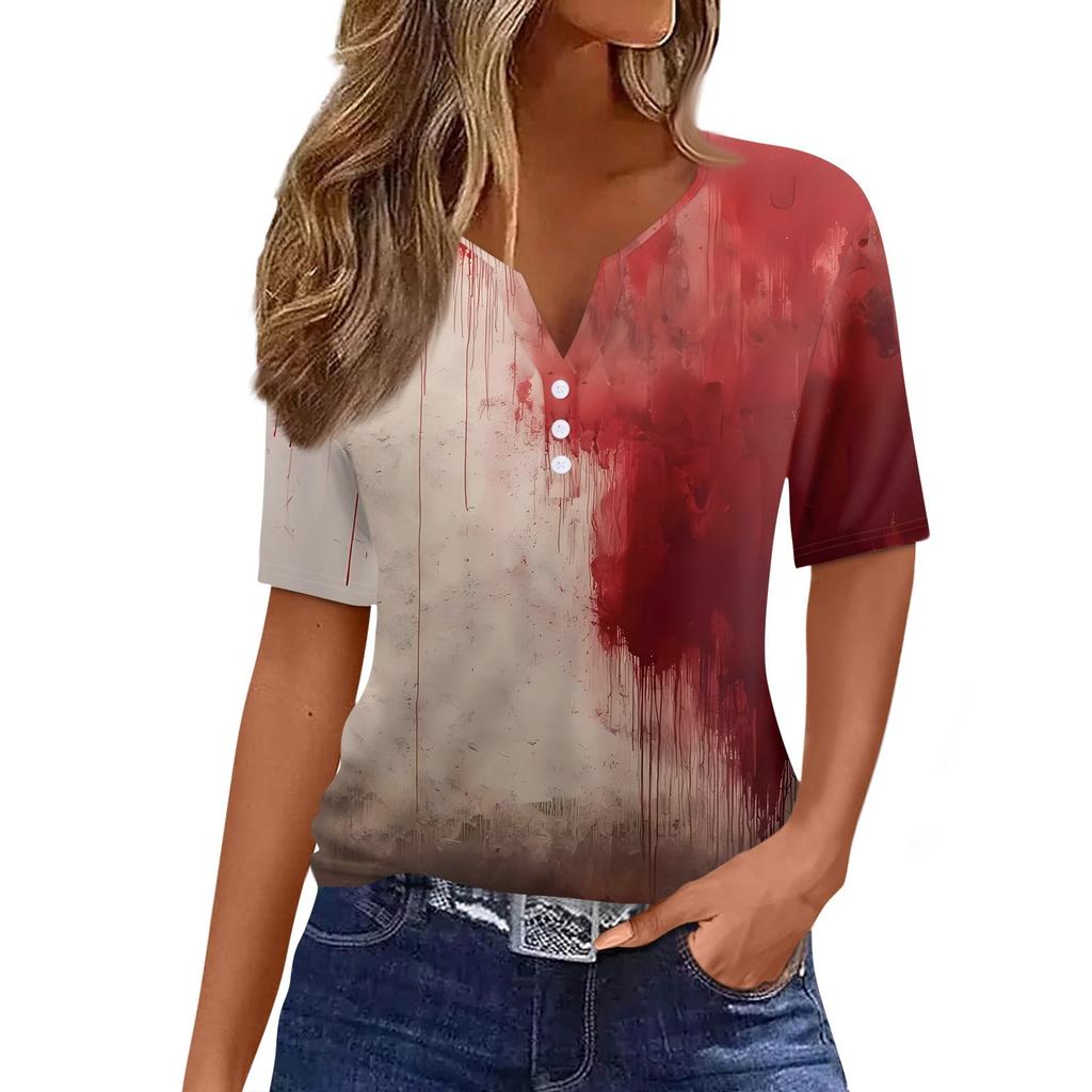 Women's T Shirt Halloween Print Button Short Sleeve Daily Weekend Fashion Basic V- Neck Regular Top