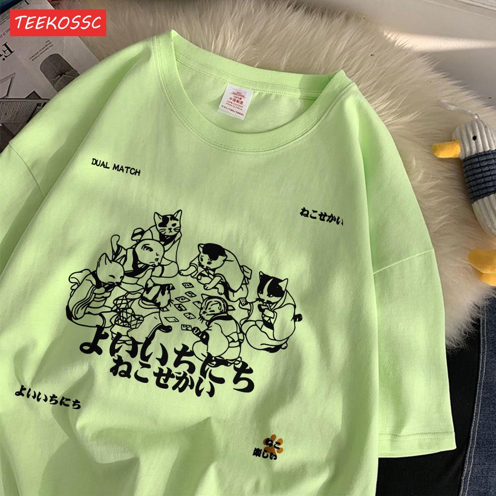 Trend Cotton Women'S T-Shirts Japanese Harajuku Style Cats Prints Short Sleeve O-Neck Oversize Breathable Summer Female Clothes