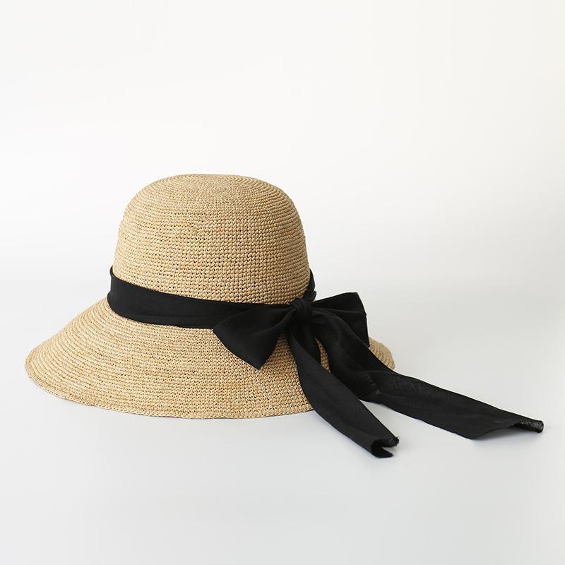 Summer new fashion foldable hand-woven raffia big eaves hat bow streamer beach sunshade raffia straw hat