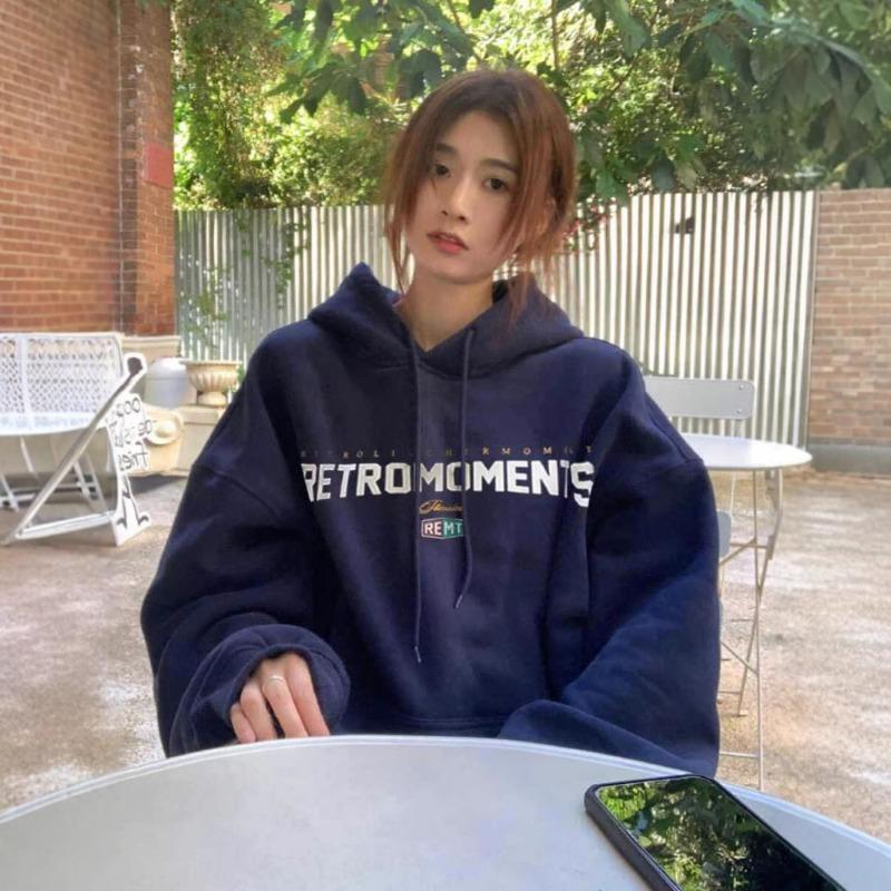 Autumn Winter Letter Printing Pullover Hoodies Women Vintage Loose Casual Simple All-match Hooded Sweatshirt