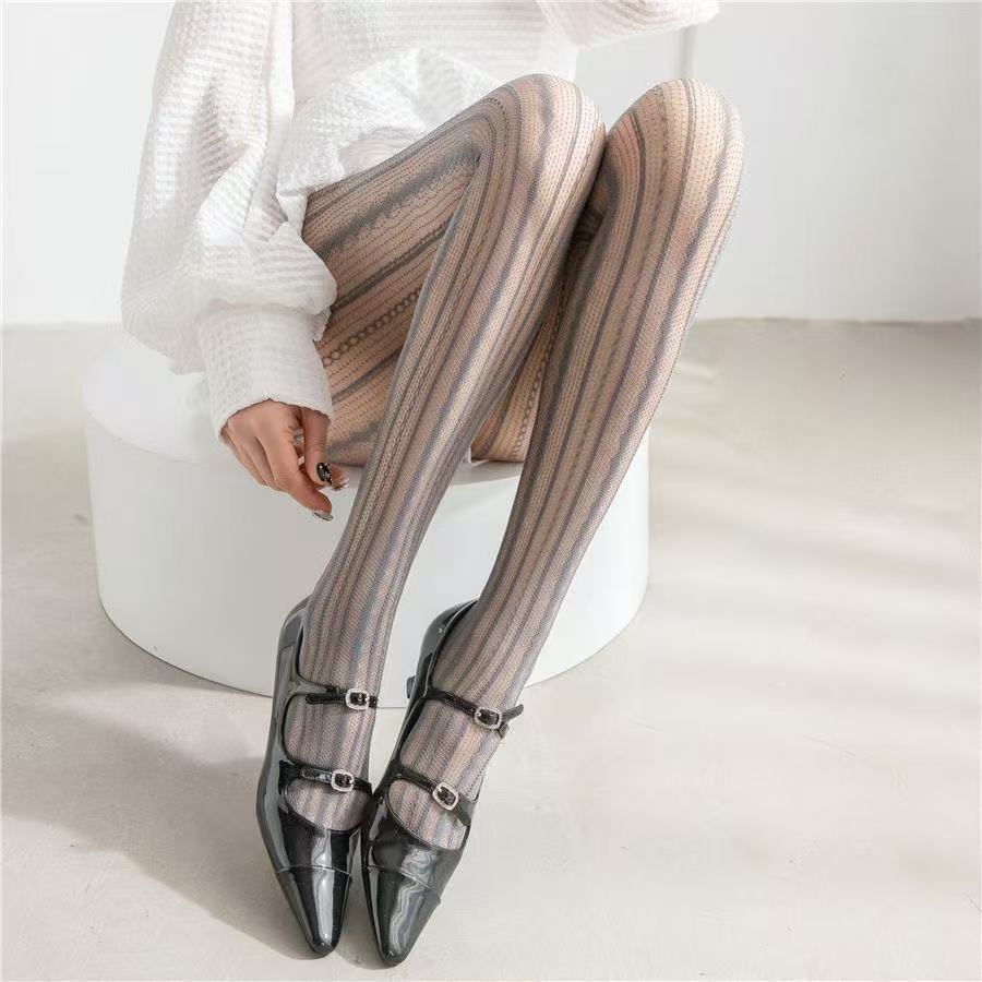 Vintage Striped Fishnet Stockings for Women, Thin and Slimming Pantyhose, Sexy Hollow-out Jacquard Fishnet Stockings for Autumn