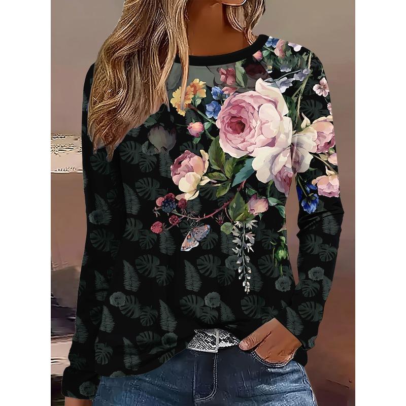 

Топ с цветочным узором, напечатанный в 3D, повседневные женские футболки с длинным рукавом - Мягкая полиэстеровая ткань средней эластичности, одежда свободного кроя для весны и осени 5XL