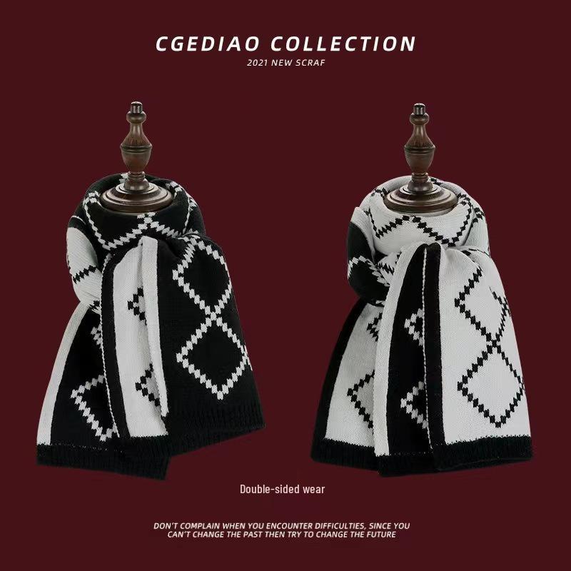 Korean-Style Houndstooth Knitted Round Neck Scarf - Warm, Versatile, Trendy Autumn/Winter Accessory