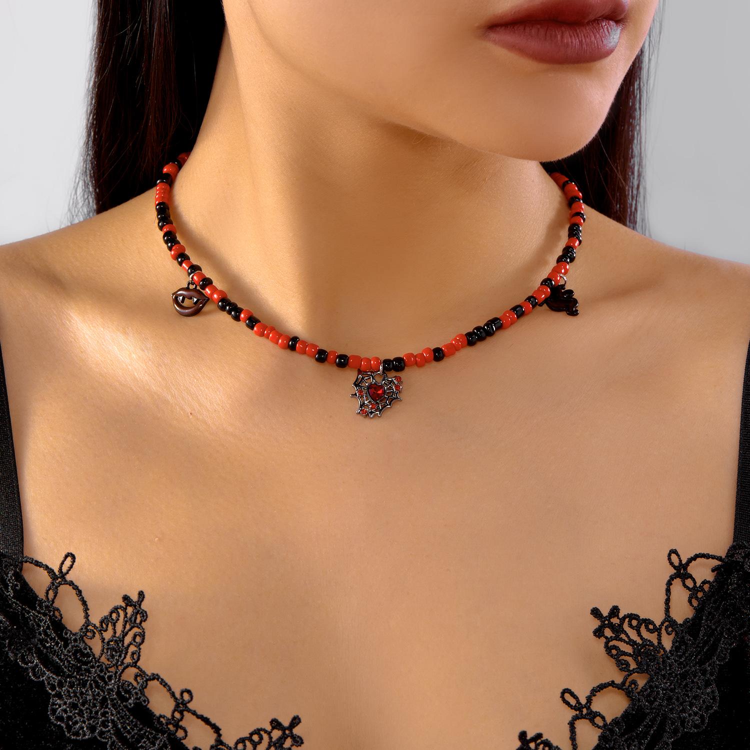 

Halloween Colorful Rice Beads Necklace For Women Gothic Punk Ghost Pumpkin Hat Spider Web Eye Beaded Clavicle Choker Jewelry