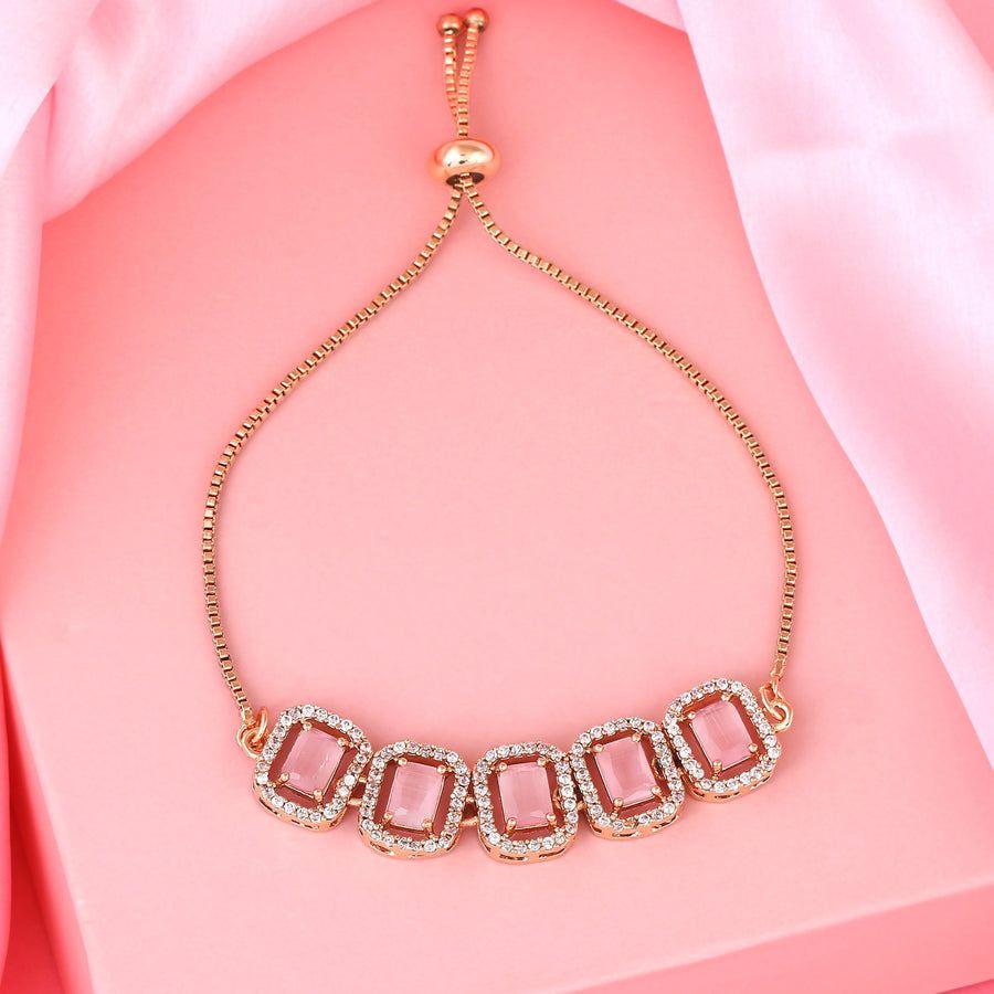 Estele Women's Octagonal Bracelet In Rose Gold with CZ Ossum and Mint Pink Crystals