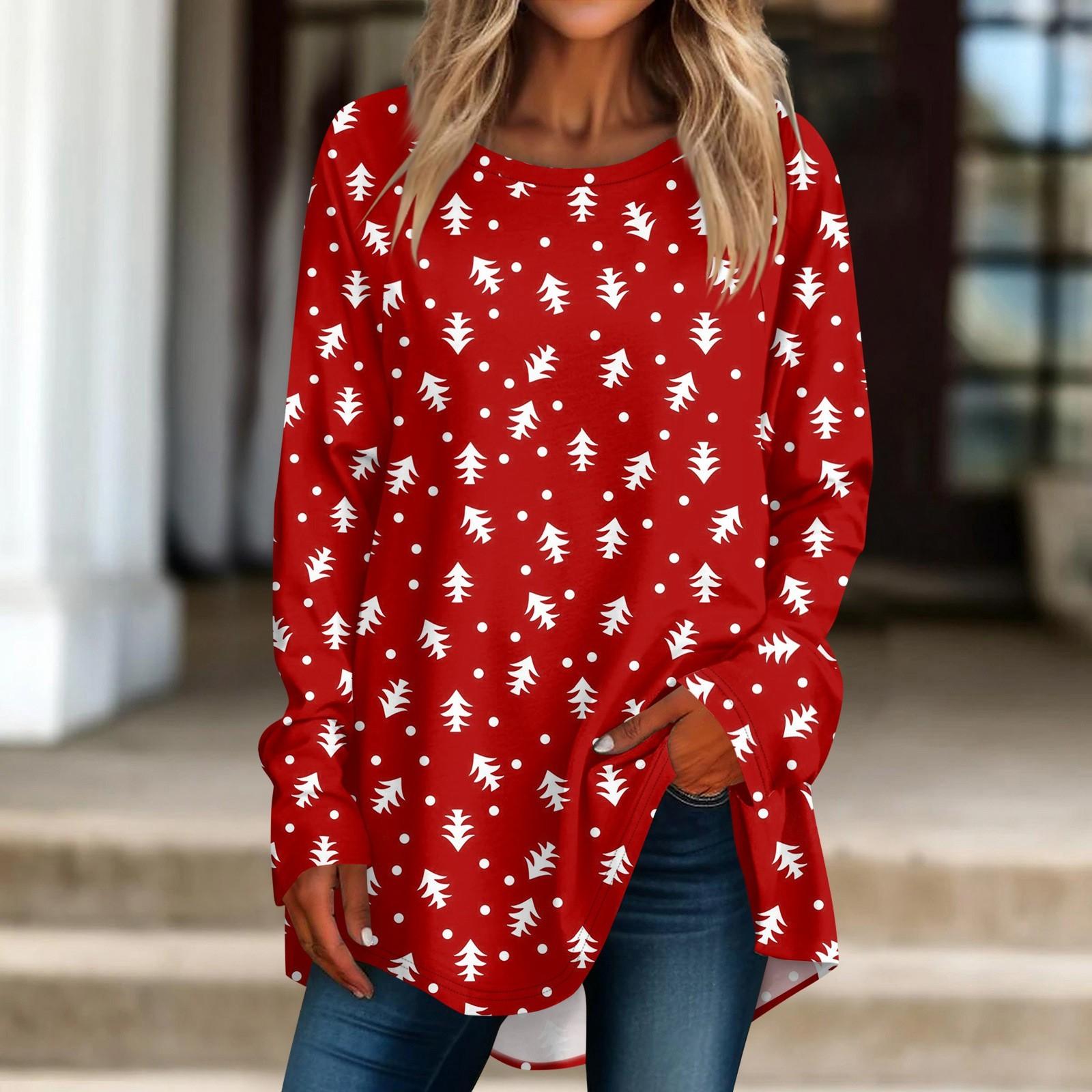 

Женская мода повседневная футболка с круглым вырезом и рождественским принтом на плечах с длинными рукавами S киноварь