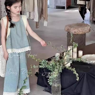 Children's Clothing Sets Lace Lace Sleeveless Top + Wide-leg Pants Denim 2pcs Sets Clothes for Kids Girl 3 To 15 Years