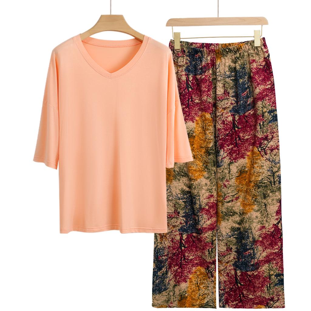Pajamas Women's Spring and Summer New V-neck Short-sleeved Cotton and Linen Pants European and American Large-size Loungewear Two-piece Set
