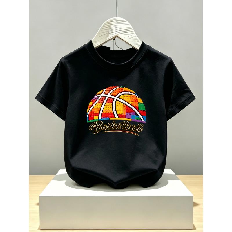 Boys Crewneck Short Sleeve T-Shirt, Creative Building Block Rainbow Basketball Print