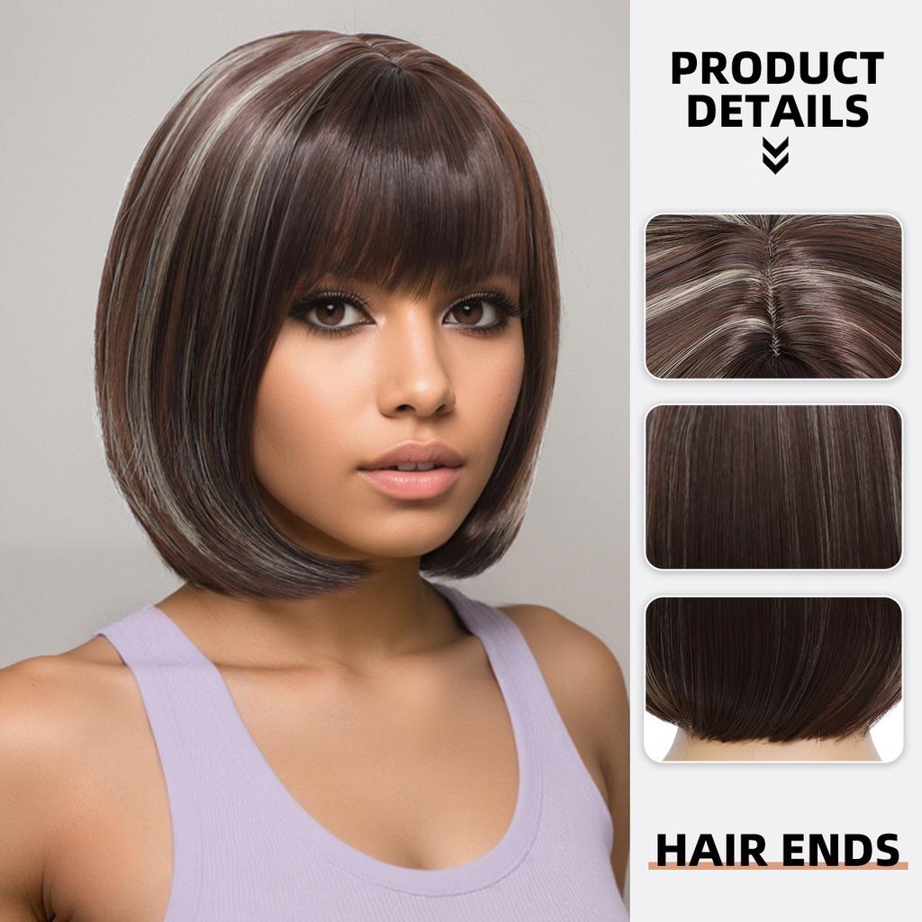 Women Short Wigs with Bangs Stylish Brown Mixed Blonde Hair Synthetic Wave Wig for Daily Cosplay Use Heat Resistant Fibre