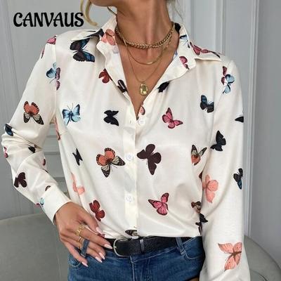 Spring and Autumn Women's Plus Size Tops Fashion Printed Long Sleeve Blouse Butterfly Printed Lapel Shirt