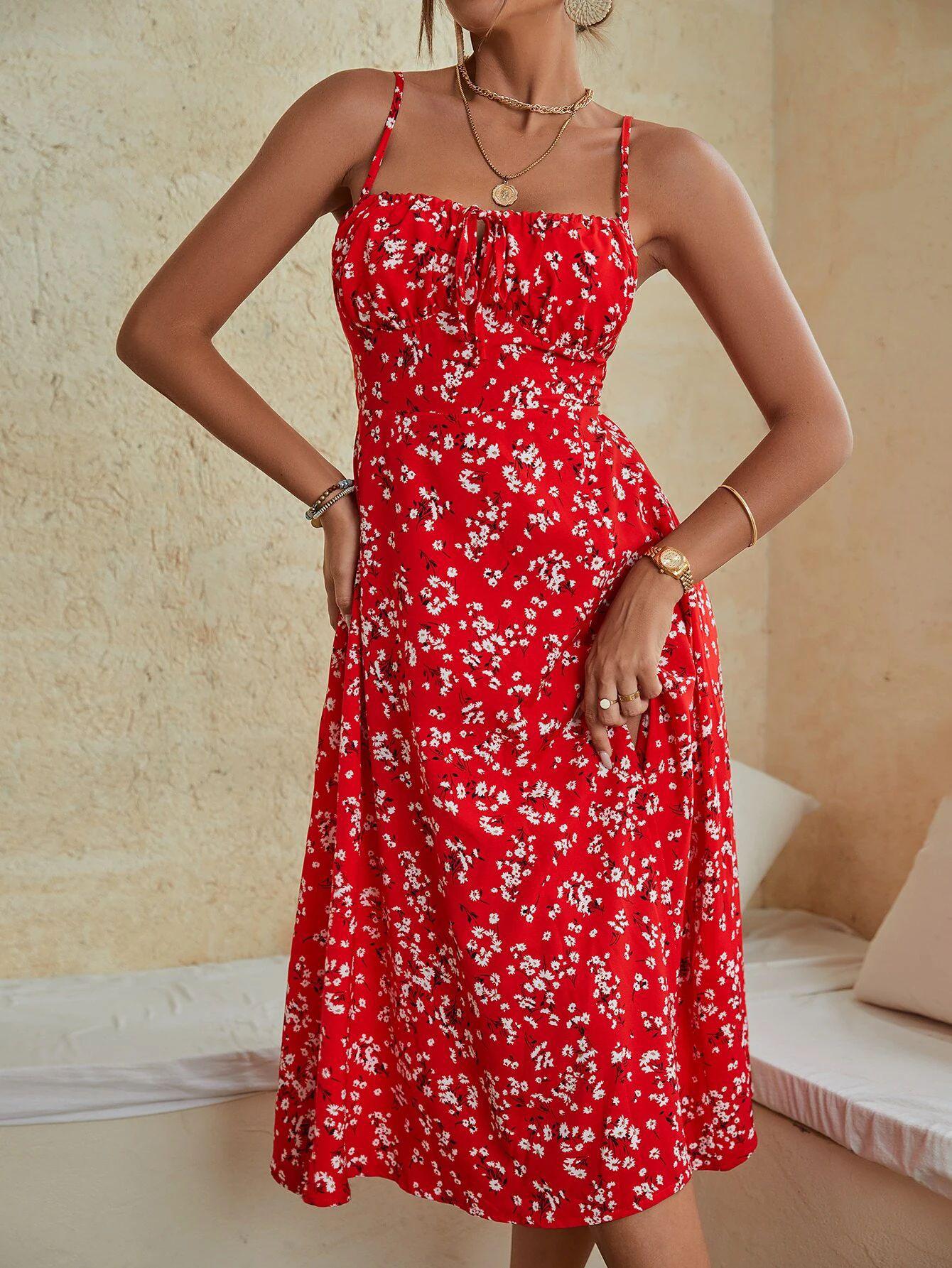 

Летнее платье 2025 года для европейских и американских женщин, сексуальное, с принтом и разрезом по подолу Medium красный