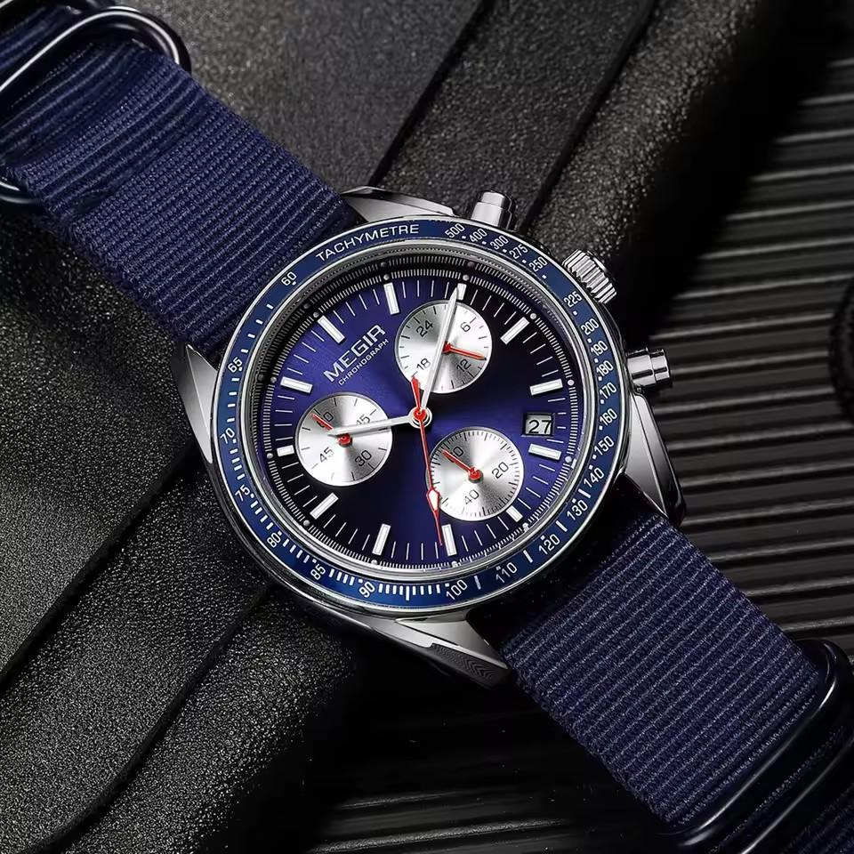 MEGIR 2247 Herren Luxus Quarz Uhr Leinengewebe Armband Chronograph Lebenswasserdicht Kalender Freizeit Mode Herrenuhr Geschenk