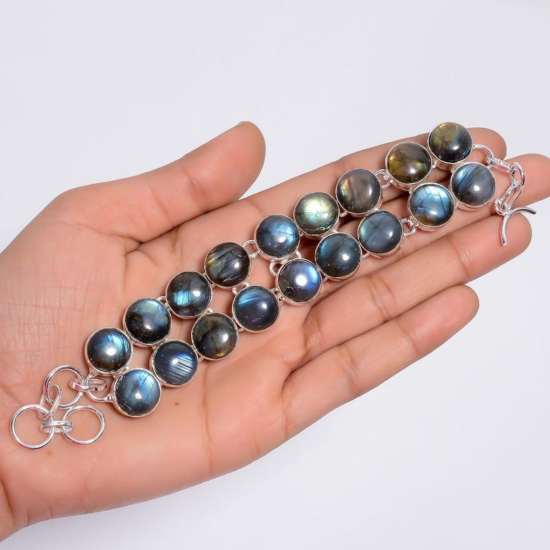 Fantastic Top Grade Qualite 100% Natural Labradorite Round Shape Ethnic Style Handmade Jewelry 925 Steling Silver Bracelet 6-8" WSJ-4618