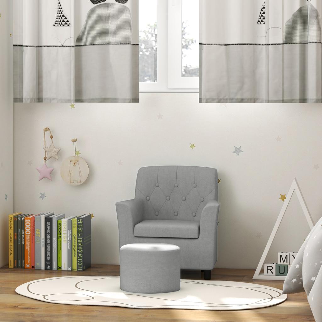 Kids' Armchair with Stool, Diamond Pattern Backrest, Soft Seat, Wood Frame, Grey