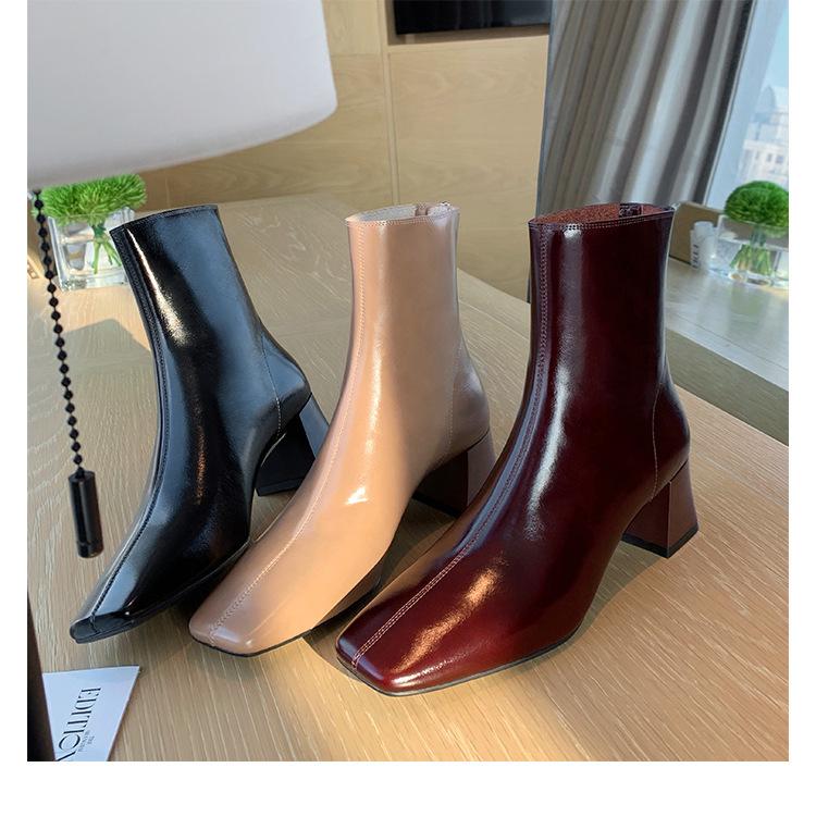Spot Second Hair~ Grape Mother Same Style #French Elegant Square Head Thick High Heel Retro Fashion Thin Short Boots Women's Autumn and Winter