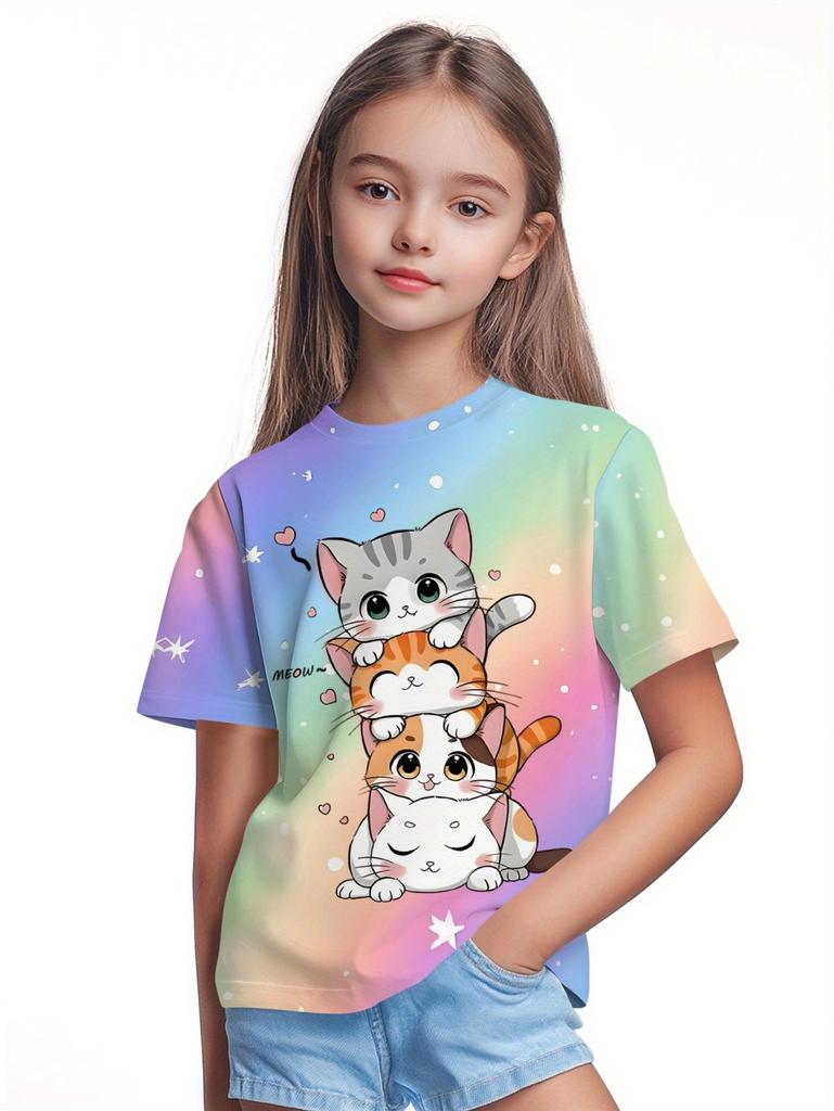 Kawaii Cat Girls Clothes 3D Print Children's T-Shirt O-Neck Pullover Girl Short Sleeve T-Shirt Comfortable Children's Clothing