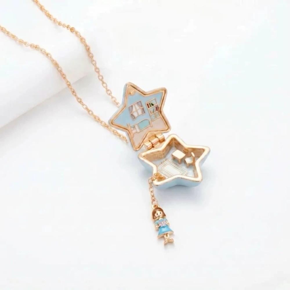 Cute Pentagram Phase Box Necklace Opening Closing Opening Box Necklace Jewelry Pendant  for Women