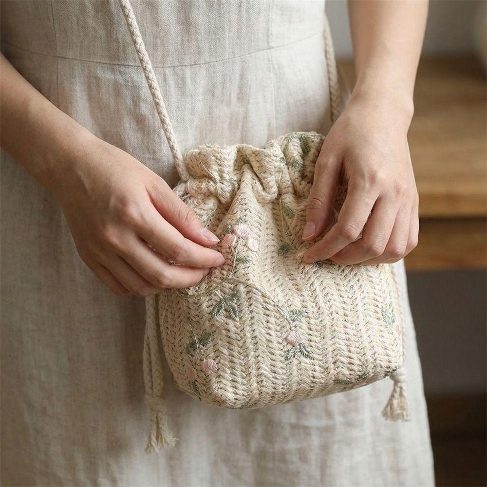 Elegant Straw Bag Lace Woven Beach Bag Leisure Drawstring Bucket Bag  Vacation