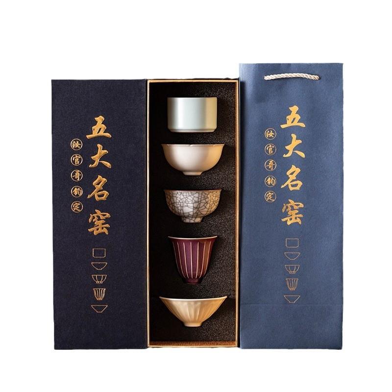 Five Famous Kilns Porcelain Tea Cup Set Collection Gift Box for Chinese Gongfu Tea Premium Home Use Souvenir