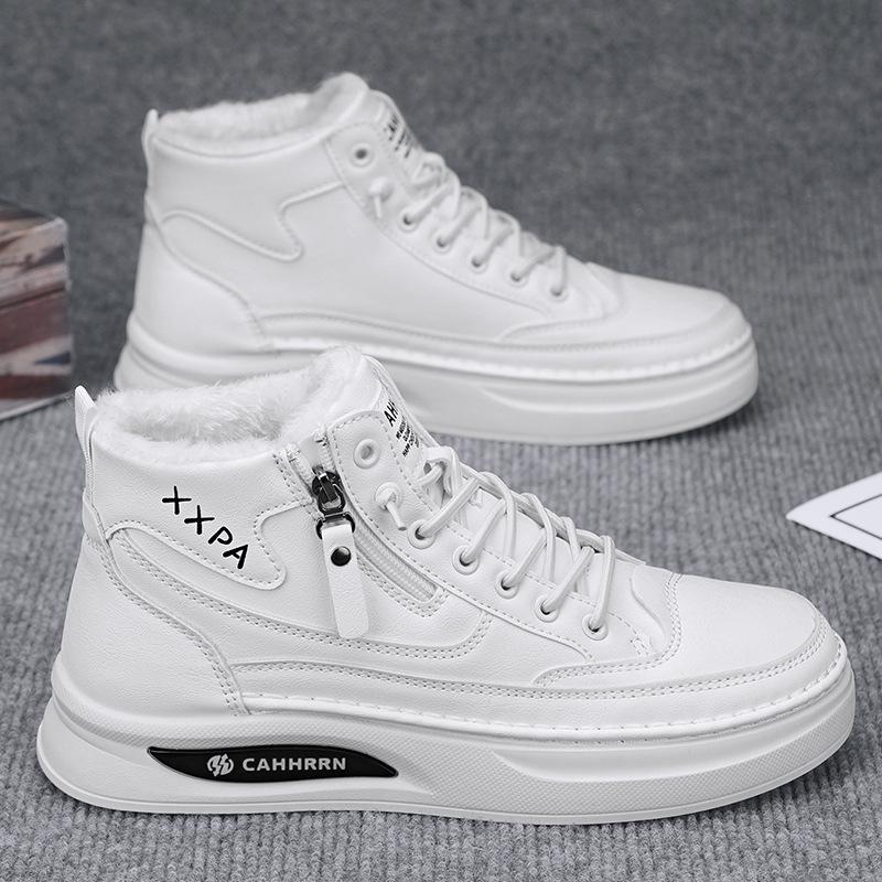 High-top velvet men's shoes autumn 2 new little white shoes side zipper men's winter warm and casual